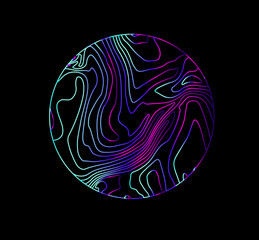 Poster - Neon holographic circle with warped and glitched texture of lines. Template for modern logotype or print.