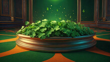 Empty Podium For Product Demonstration And Installation Background Of Green Clover For St. Patrick's Day. Patrick Day Banner. 