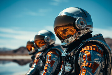 Wall Mural - Three astronauts in futuristic suits. Generative AI