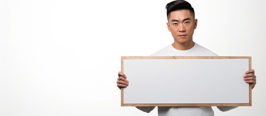 An Asian man stands facing the camera, holding a white board with both hands. The board is empty and blank, with no visible writing. The man appears focused and serious.