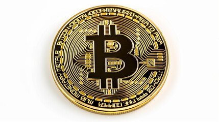 A golden Bitcoin token on a white background.