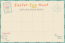 Easter Egg Hunt Map. Blank Quest Map With Instructions, Compass And Frame. Search And Find Clues. Printable Vector Illustration For Children.