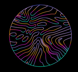 Poster - Neon holographic circle with warped and glitched texture of lines.