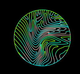 Poster - Neon holographic circle with warped and glitched texture of lines.