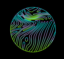 Poster - Neon holographic circle with warped and glitched texture of lines.