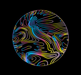 Poster - Neon holographic circle with warped and glitched texture of lines.