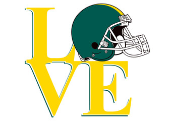 Love - word- Yellow and Green football player helmet, sport vector graphics, hockey, for websites, greetings, banners, cards,, t-shirt, sweatshirt, prints, cricut, silhouette,
