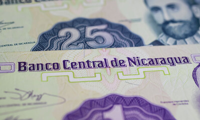 Closeup of old Nicaragua Centavos currency banknote of national bank (focus on center)