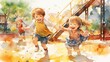 © Jafree - Happy kids play at playground. Concept of childhood joy, outdoor activities, friendship, happiness, summertime, and diverse youth. Watercolor art