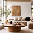 Rustic coffee table and beige sofa. Japandi, boho style home interior design of modern living room.