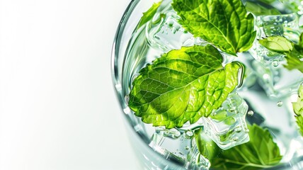 Wall Mural - Fresh mint leaves float in clear water with ice cubes