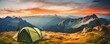Perfect camping place high in the mountains with tent in summer season, banner. Generative Ai.