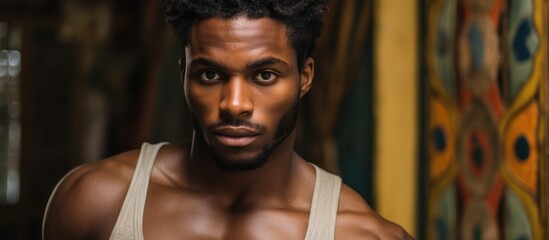 A handsome black man stands confidently in a tank top, gazing directly at the camera with a strong and engaging expression. His muscular physique and casual attire exude a sense of self-assuredness