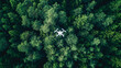 A single drone surveying a vast forest from above.
