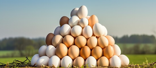 Poster - A bountiful display of many fresh white chicken eggs stacked neatly on top of a lush green field, creating a striking contrast of colors and textures.