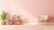 Pink pastel living room interior with plants and chair