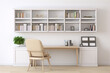 3d rendering of a home office with a large bookshelf, desk, and chair in a modern style with neutral colors.