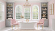 Pink and gray bathroom with freestanding bathtub, pink velvet chairs, and crystal chandelier.