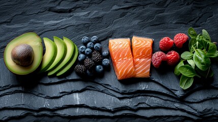 Wall Mural - aerial view of fresh keto diet ingredients, like ribeye, salmon, avocado, berries, emphasizing a balanced keto diet. 