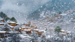 A heavy snowstorm blanketing a mountain village.