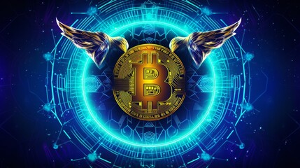 Close up gold bitcoin coin sign on neon background, halving, financial, crypto trading concept, banner