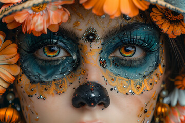 Close-up of a woman with colorful flowers adorning her face, creating a vibrant and artistic appearance, independence day or cinco de mayo