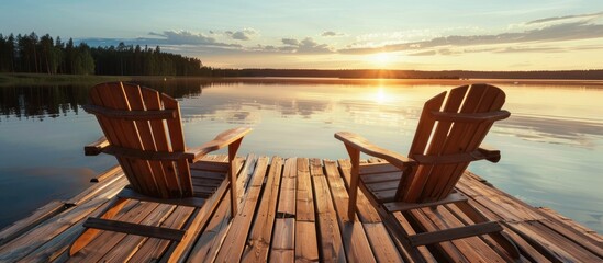 Wall Mural - wooden chairs on a wooden pier on the blue water of a lake