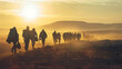 A powerful image of a group of migrants journeying across a vast desert landscape under the harsh sun.