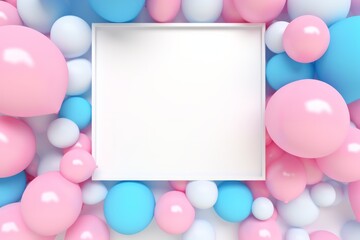 Sticker - blue balloons are floating on a background with a square frame behind them