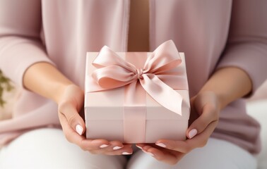 a woman's hand holds a white gift box with a pink bow