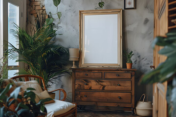 Wall Mural - picture frame markup above the old wood dresser in the living room