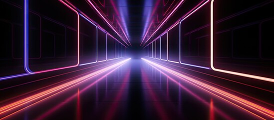 Poster - A long tunnel with neon lights running along its walls, casting vibrant colors onto the dark corridor. The lights create a futuristic and dynamic atmosphere, leading the viewers eye through the