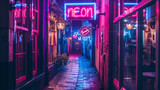 Fototapeta Uliczki - Neon Lights in Urban Alley, neon sign with text saying 