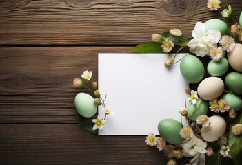 Canvas Print - empty white envelope with easter eggs on natural wood