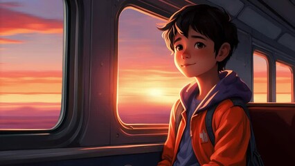 Wall Mural - A little boy in the train window, enjoying the sunset,lofi animation Loop, and seamless 4K lofi looping animation.