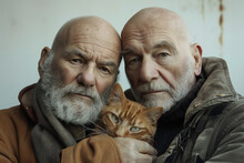 Dos hermanos de sesenta años calvos con sus gatos en las manos