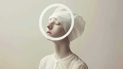Aufkleber - A contemplative image representing a woman with a serene expression and a floating halo above her