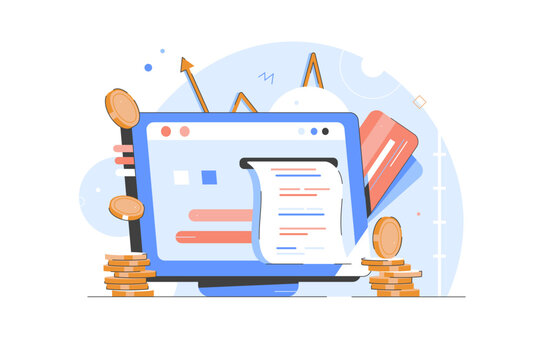 Financial management vector illustration concept. Coins Fly. Computer List and Document. Modern flat style for landing page, mobile app, poster, flyer, template, web banner