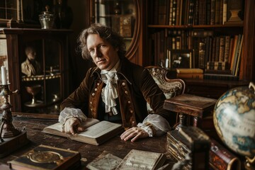 A person dressed in 18th-century attire is surrounded by books and artifacts, suggesting scholarly pursuits in a historic setting