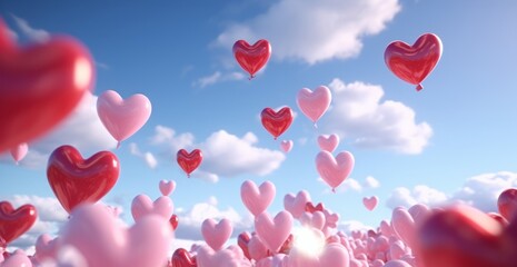 Wall Mural - thousands of heartshaped balloons go up in the clouds