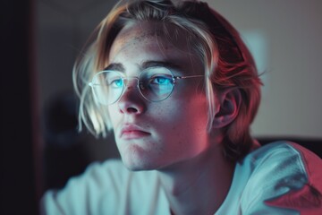 Aufkleber - Person deeply engrossed in work on a laptop, illuminated by the screen's glow in a dimly lit, intimate environment
