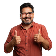 Portrait of hispanic male teacher, giving a thumbs up and smiling happily, waist up photo, isolated on white