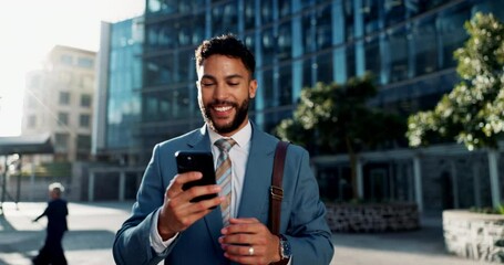 Aufkleber - Businessman, travel and happy for message on cellphone, notification and email of job offer in city. Corporate professional, commute to work and scroll on smartphone for social media or networking