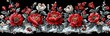Embroidery seamless pattern with red peonies on black background