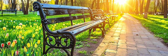 Canvas Print - Velvet benches in squares are invited to rest and thoughts under the noise of