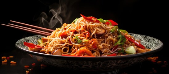 Canvas Print - A bowl filled with stir-fried noodles topped with vegetables and meat, accompanied by a pair of chopsticks neatly placed on the side.