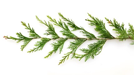 Closeup of green twig of thuja the cypress family on white background