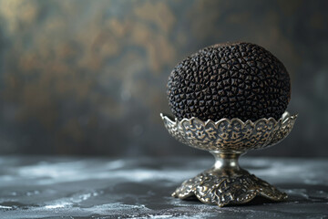 Black truffle on a beautiful silver old stand on a beautiful hand-painted blank background with space for text or inscriptions. Luxurious food
