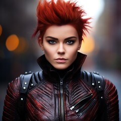 Wall Mural - a woman with red hair wearing a leather jacket