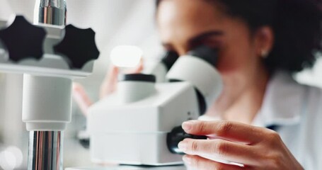Poster - Woman, scientist and forensic examination with microscope for science, microbiology or discovery at lab. Closeup of person or researcher looking in scope or lens for scientific breakthrough or test
